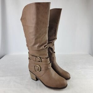 Womens Taupe Slouchy Knee High Boots Buckle Detail Stacked Heel WD-LATE Size 7